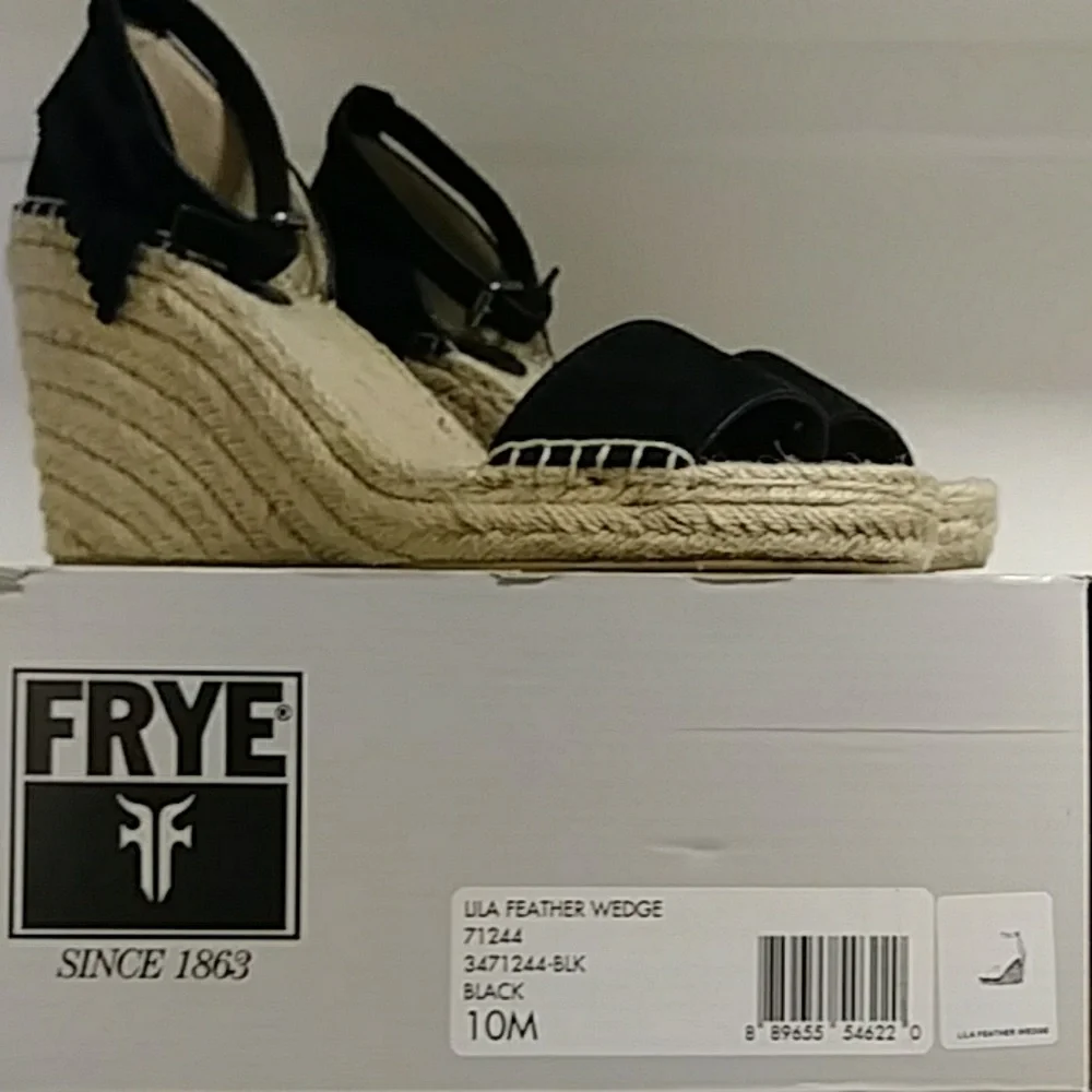 FRYE Fringe Ankle Strap Espadrille Wedges Suede Black Size 10 Fits like a 9.5 - Picture 6 of 7